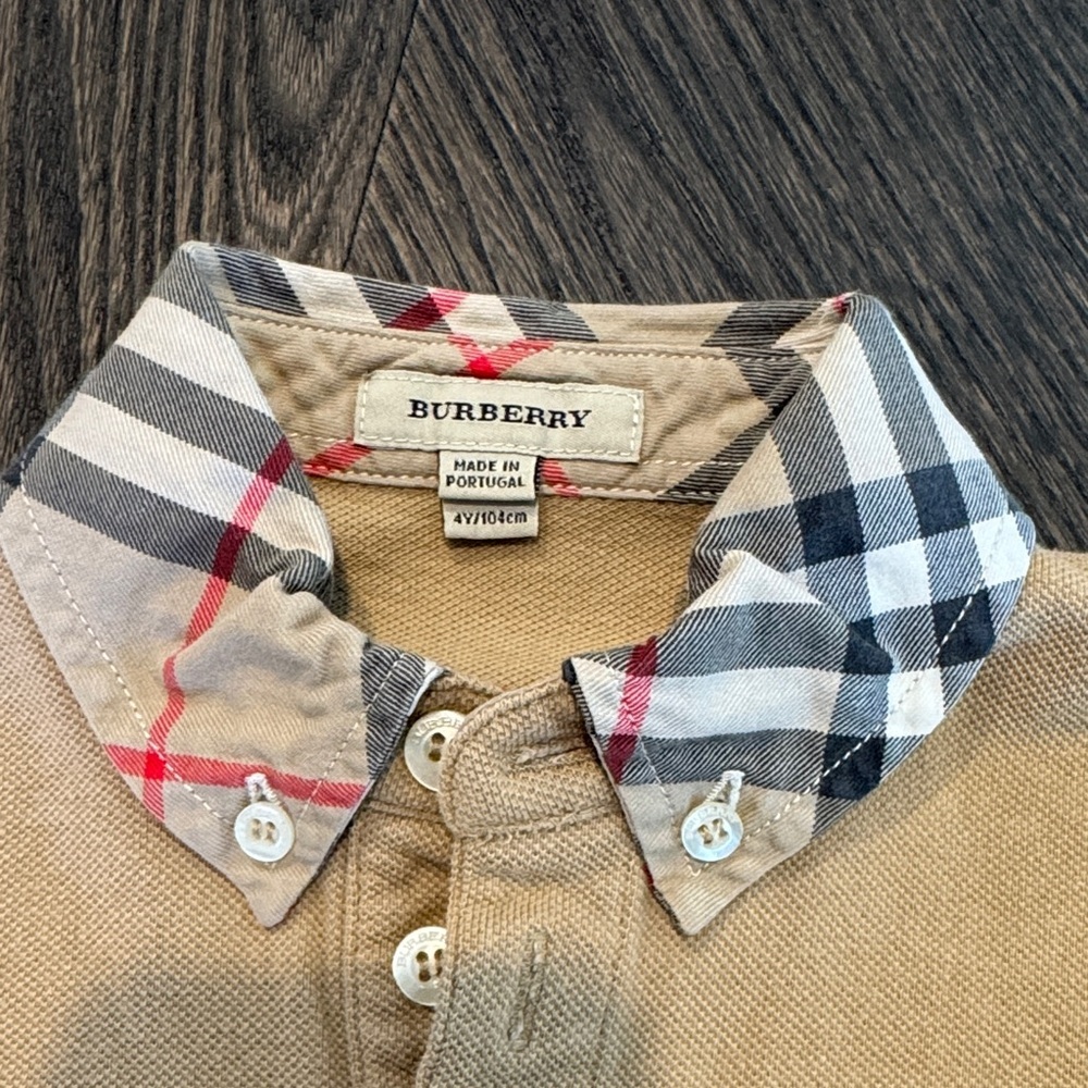 Burberry Kids Beige Polo Long Sleeve Check Collar - Picture 2 of 5